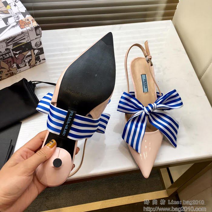 PRADA普拉達 2019早春新款 蝴蝶結絲帶 百搭款 高跟涼鞋 牛漆皮 女尖頭鞋 一鞋兩穿  ljl1463